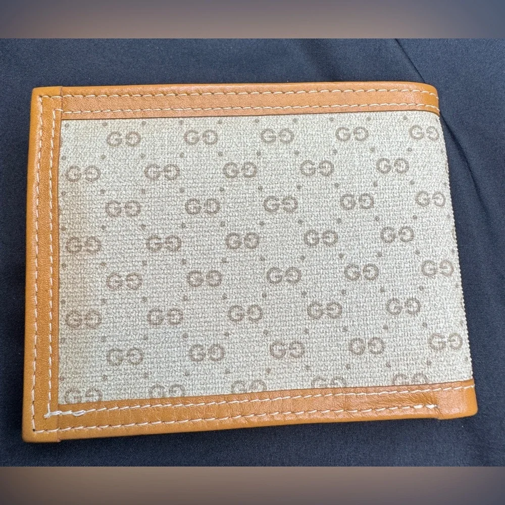 Gucci Rare Canvas and Tan Leather Bifold Wallet with Red-Green Web and Gold GG